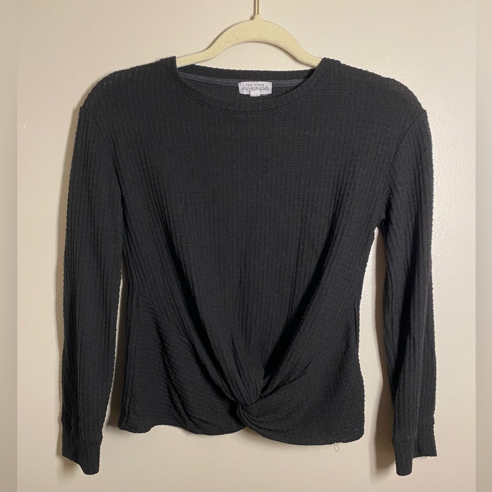 Ten Sixty Sherman Girls’ Black Twist Front Long Sleeve Waffle-Knit Top LG